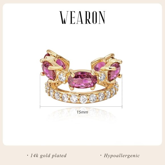 14K Gold Plated Red Zircon Diamond Turquoise Cuffs Non Piercing Earrings - Picture 4 of 7